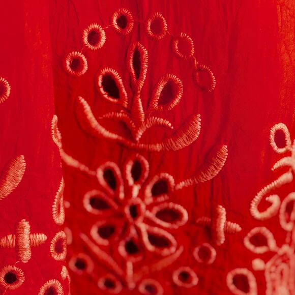 Johnny Was Peplum Top Womens L Red Embroidered Floral Scalloped Boho Cottagecore - Picture 8 of 13